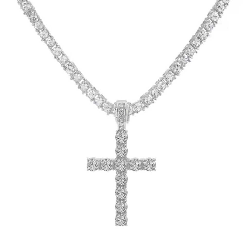 Silver-Tone Cross Pendant Necklace with Clear Crystals